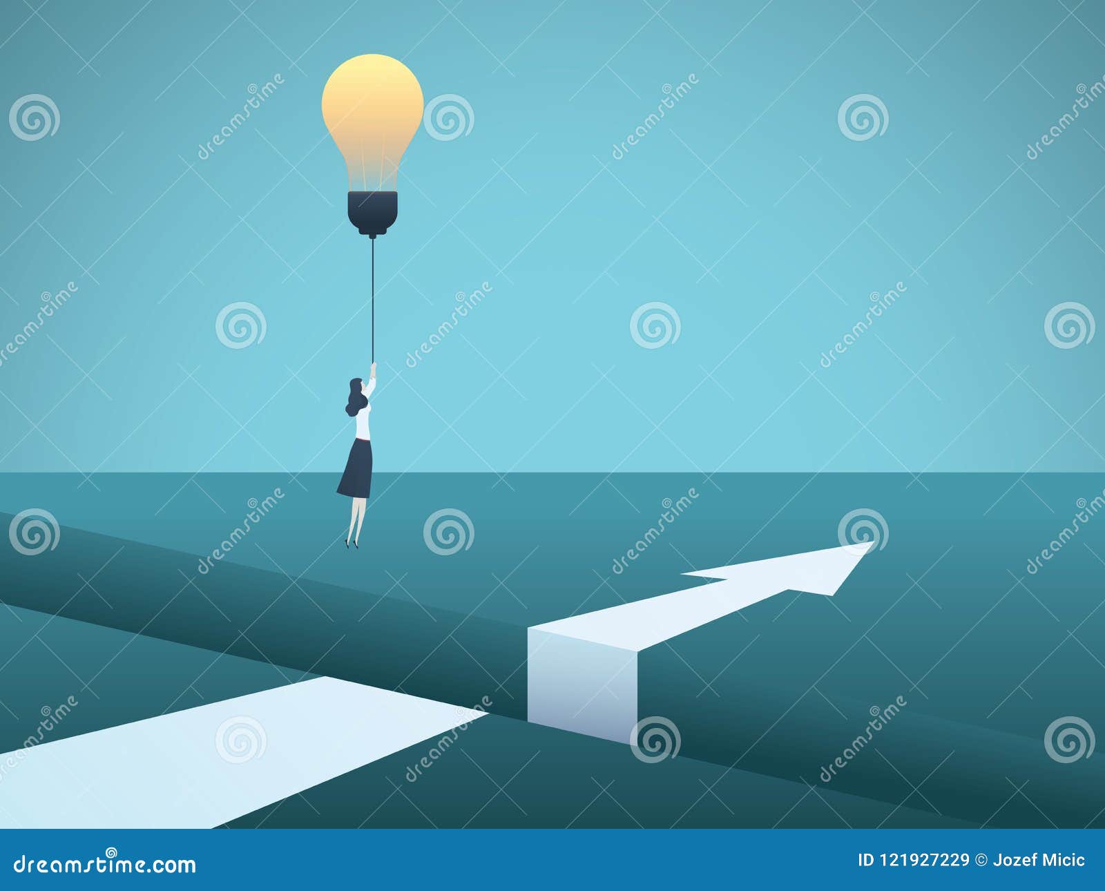 business creativity  concept with business woman flying over gap with lightbulb.  of innovation, invention