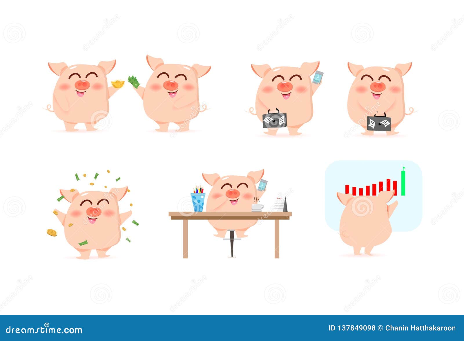 business cute pig characters, animal cartoon working concept, richness and investment, mascot collection  