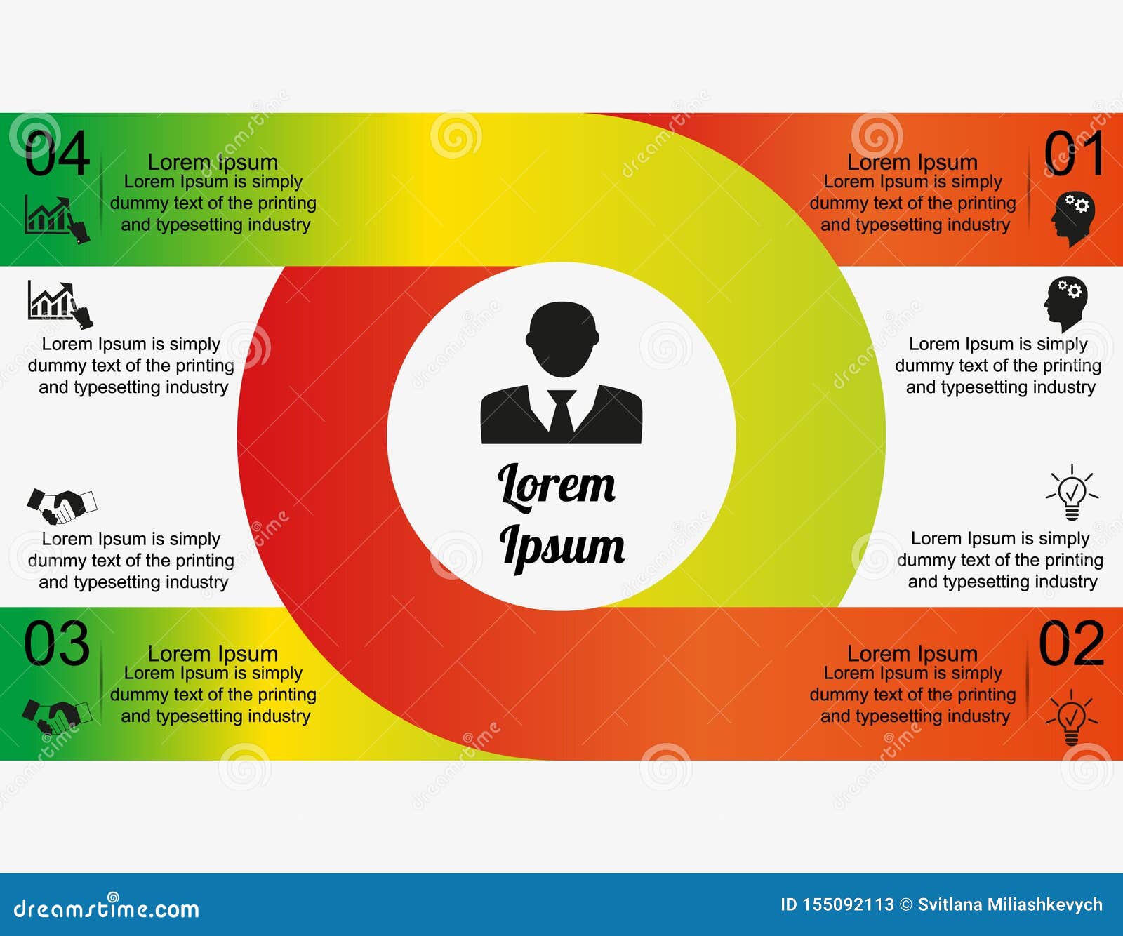 four-stage infographics curved with text inside and an icon