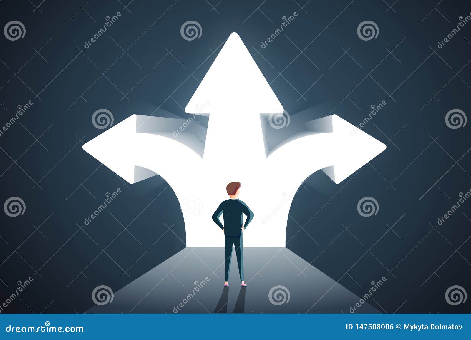 business decisions concept.  of a perplexed businessman with question mark standing in front of arrows crossroads