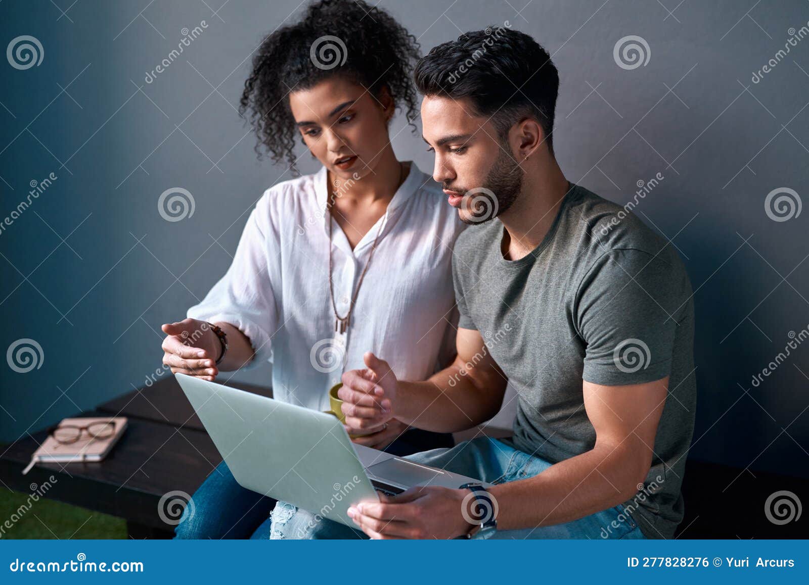 Business, Discussion and Laptop with Mock Up Background for Creativity