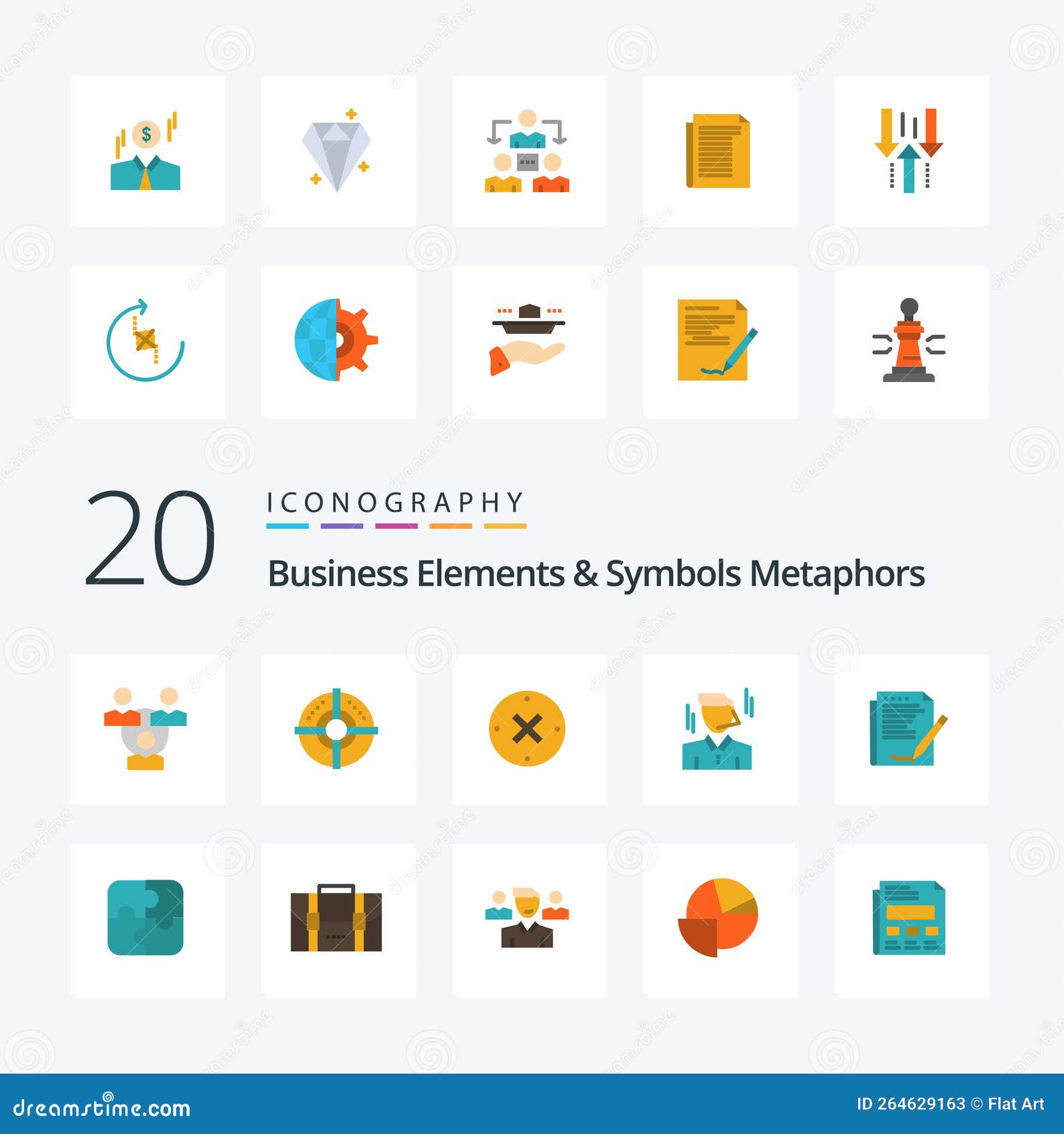 20 Business Elements and Symbols Metaphors Flat Color Icon Pack Like