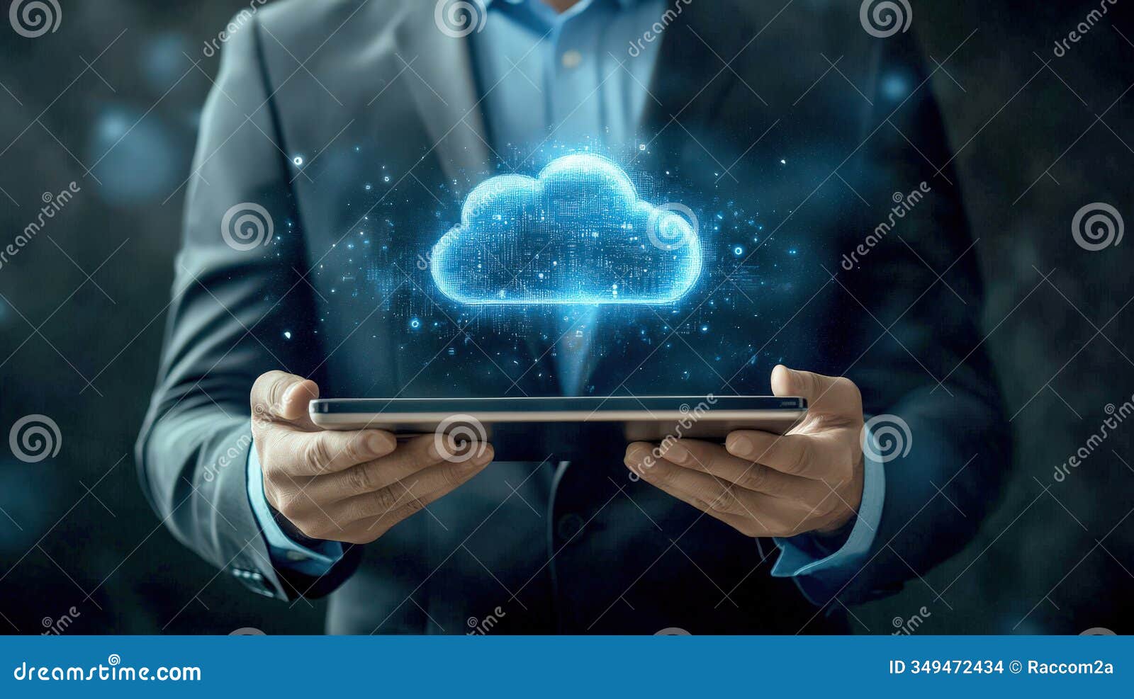 business executive interacting with tablet featuring cloud  for digital solutions