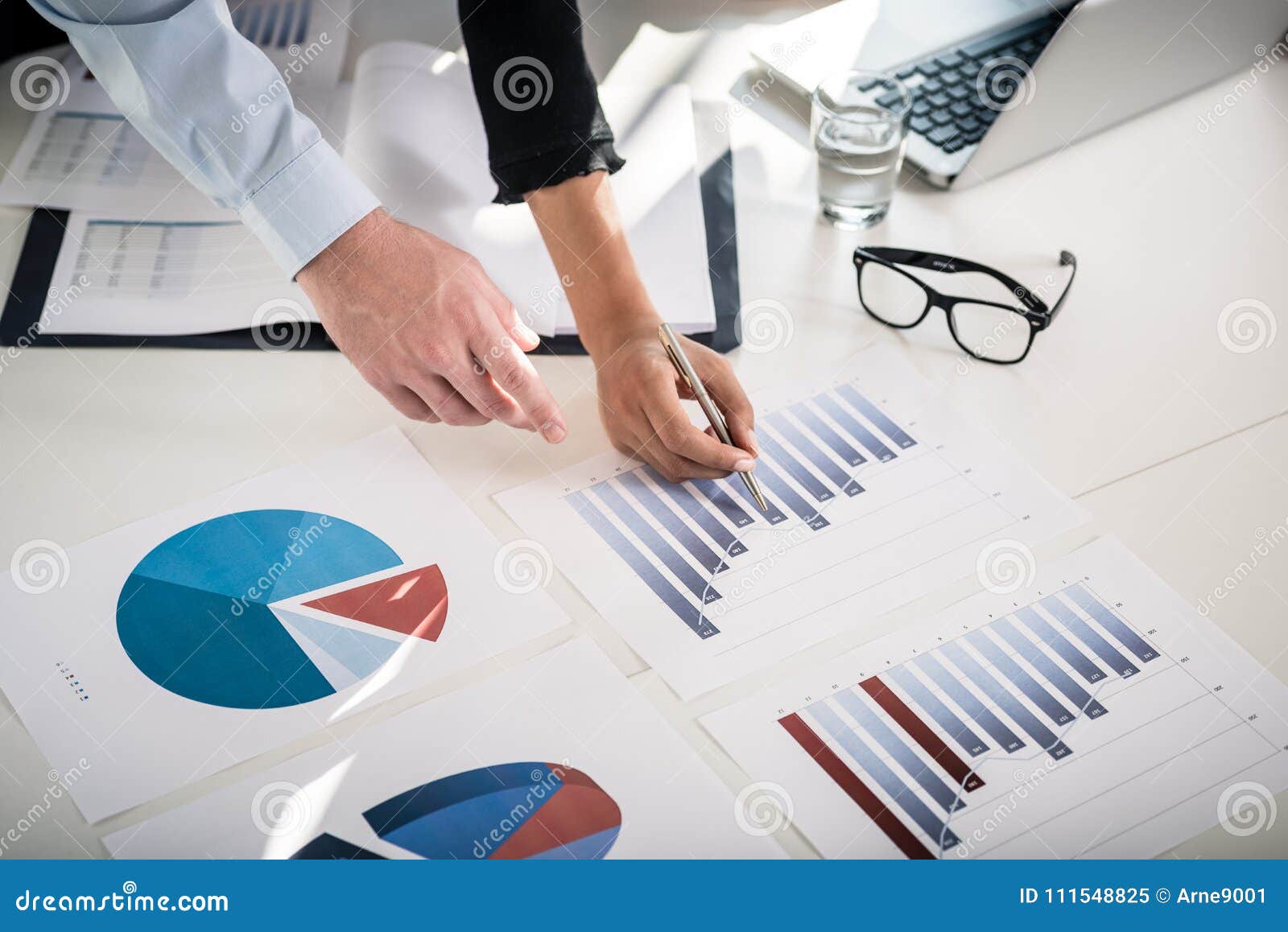 business experts analyzing statistical bar and pie charts