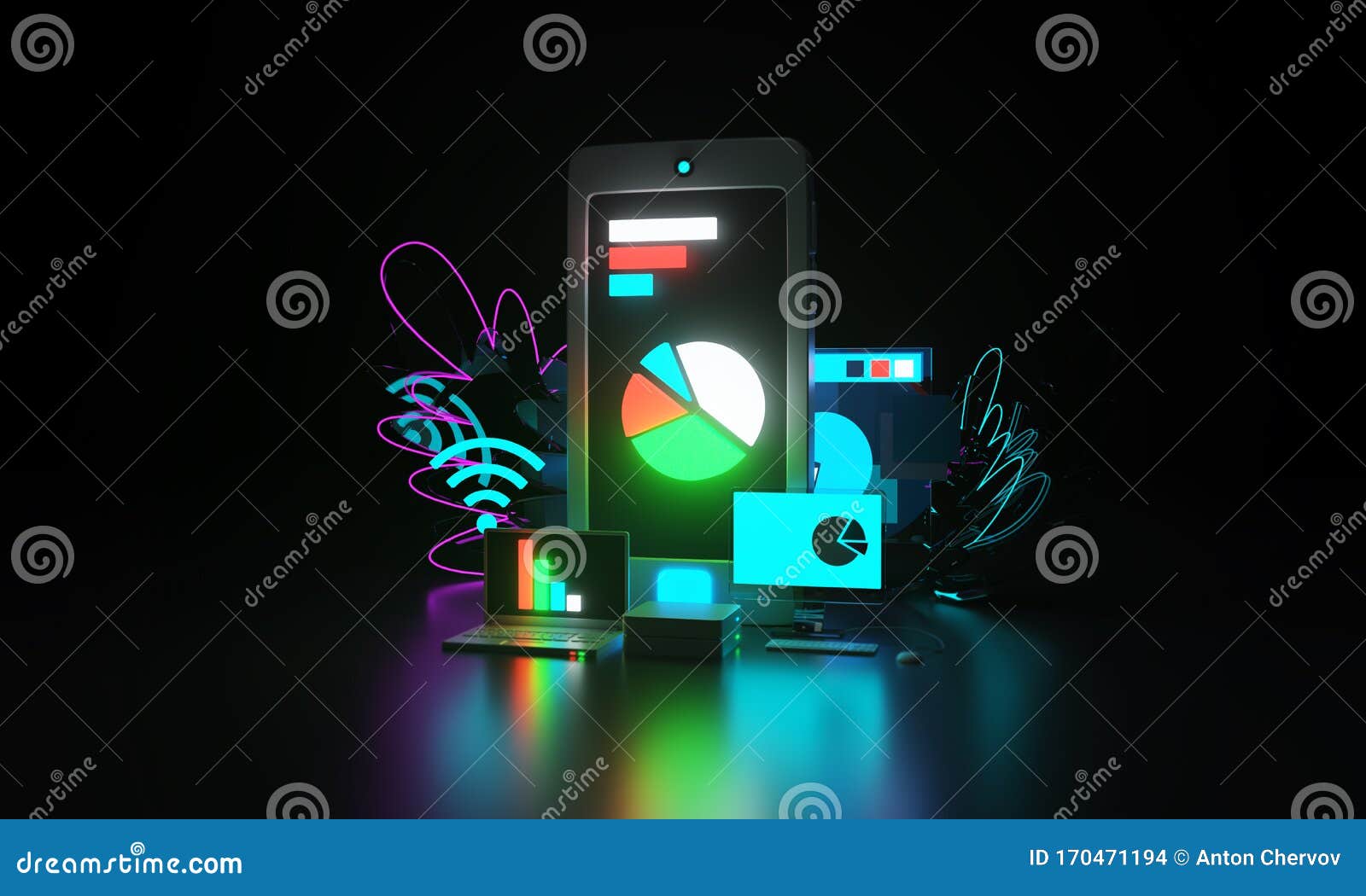 business and finance, icons on a dark background. web page, smartphone. neon lighting. 3d rendering