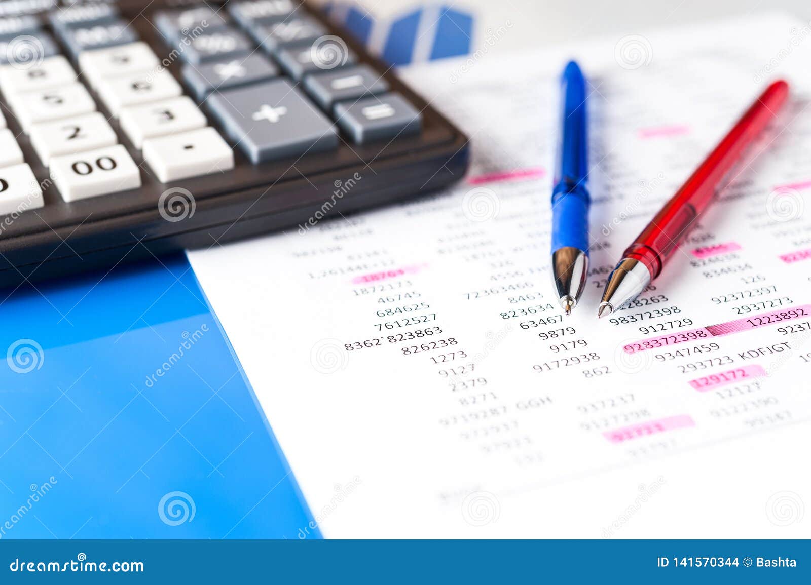 business and financial background with data, pen and calculator. bookkeeping background.