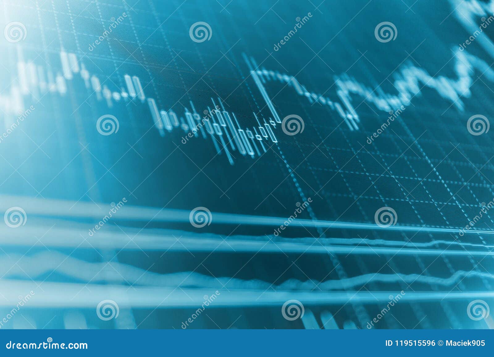 business graph with arrows tending downwards. blue screen of finance data. finance background data graph.