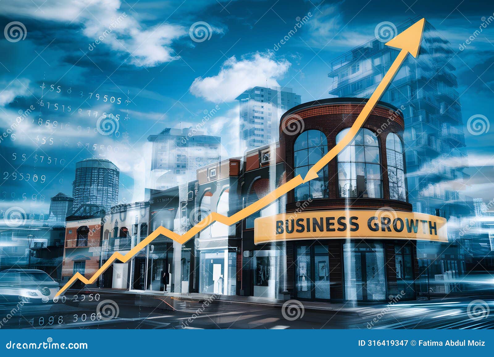 business growth  with storefronts, rising graph, and blue sky in urban setting