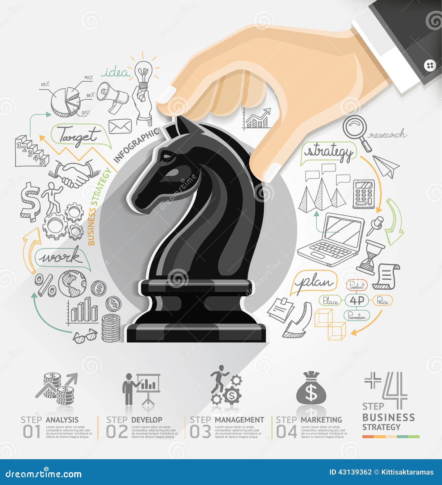 business hand with chess infographics option.