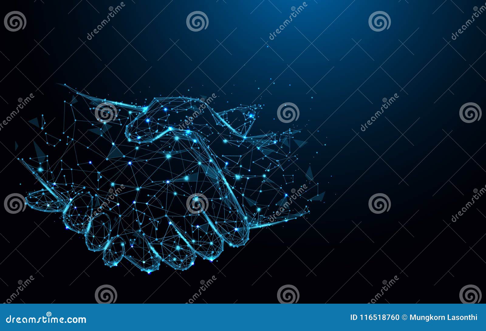 business handshake lines and triangles, point connecting network on blue background.