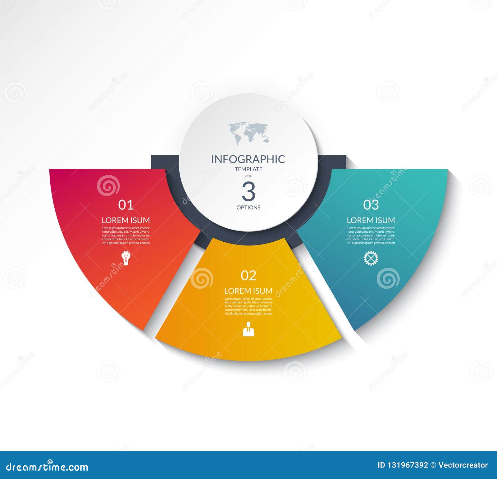 business infographic semi circle template with 3 options.