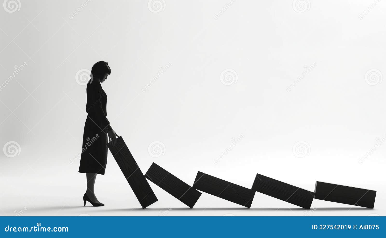 business lady silhouette intervenes in falling domino sequence image, ai generated