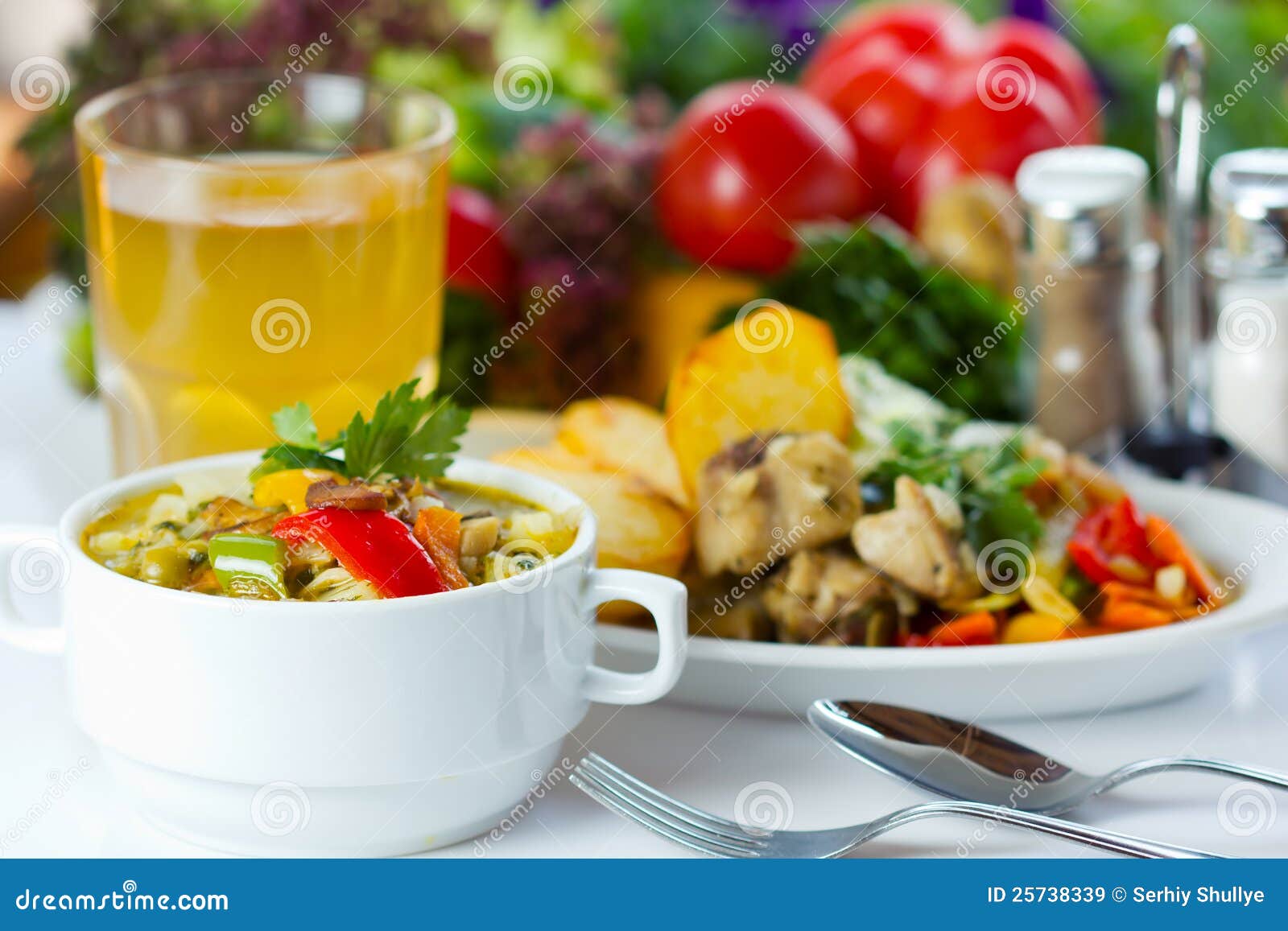 business lunch with soup, salad and juice