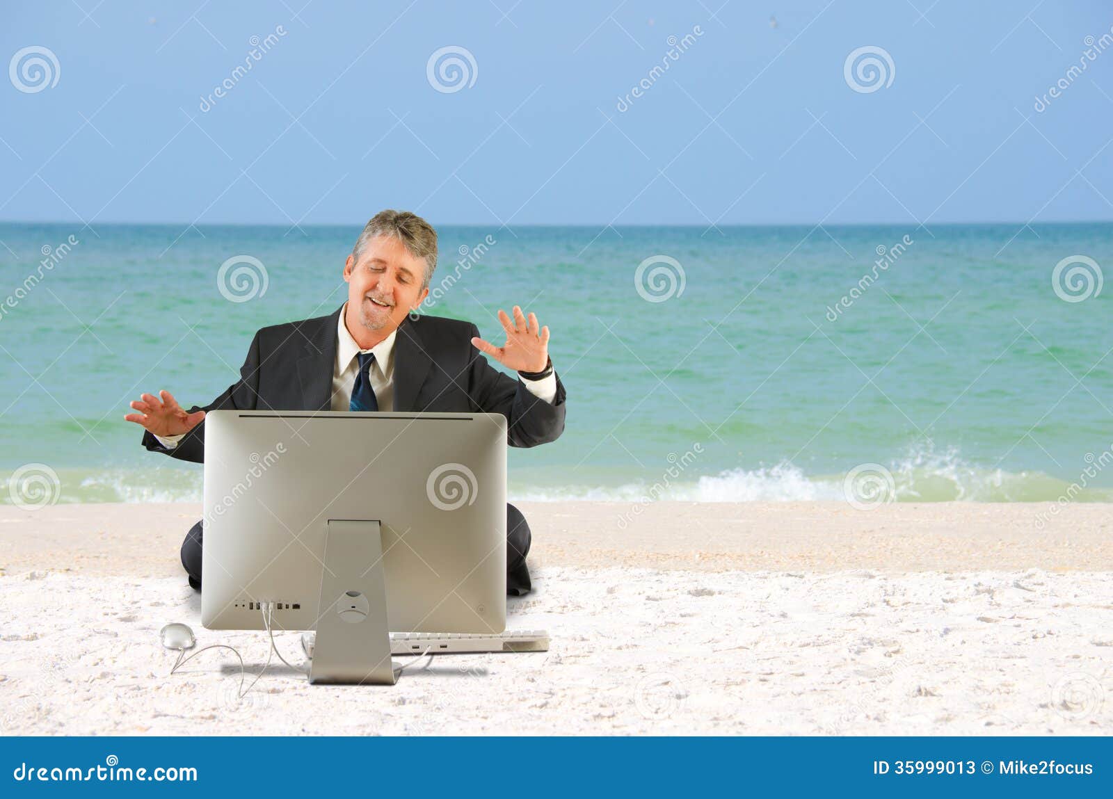Business Man on the Beach with a Computer Stock Image - Image of ...