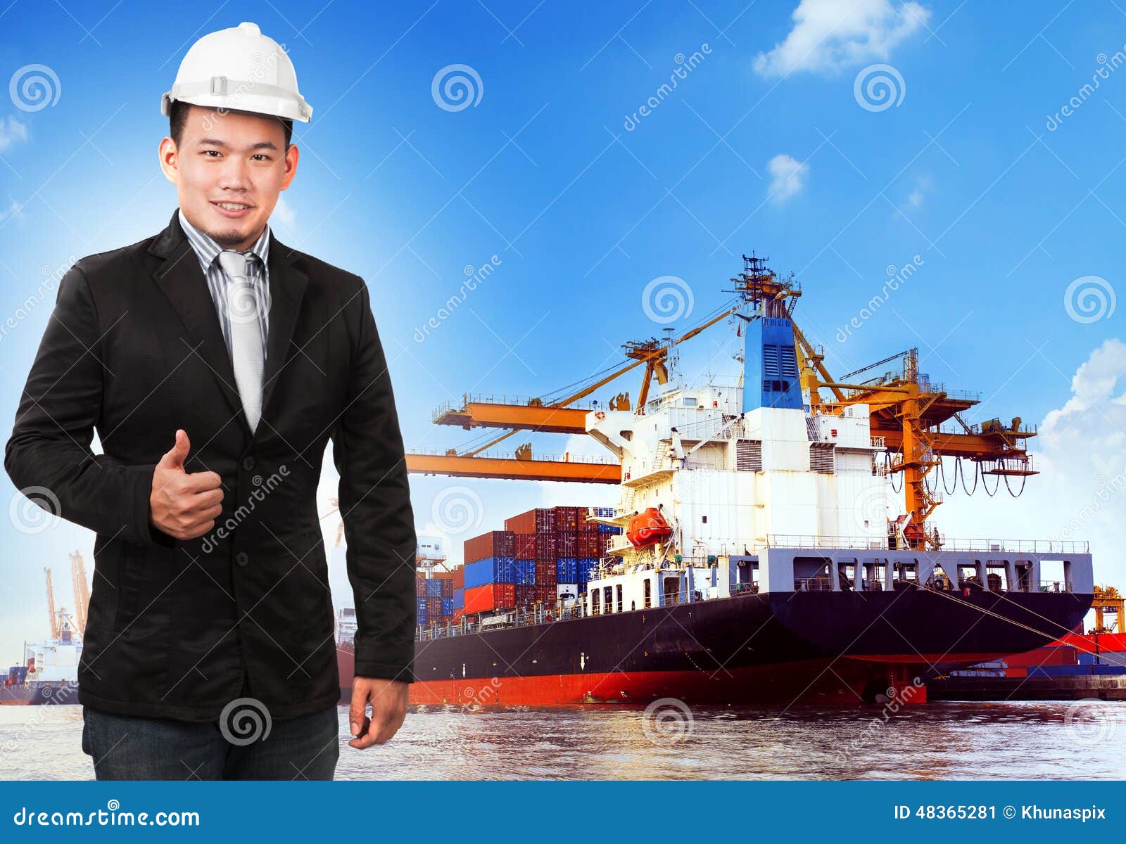 business man and comercial ship with container on port