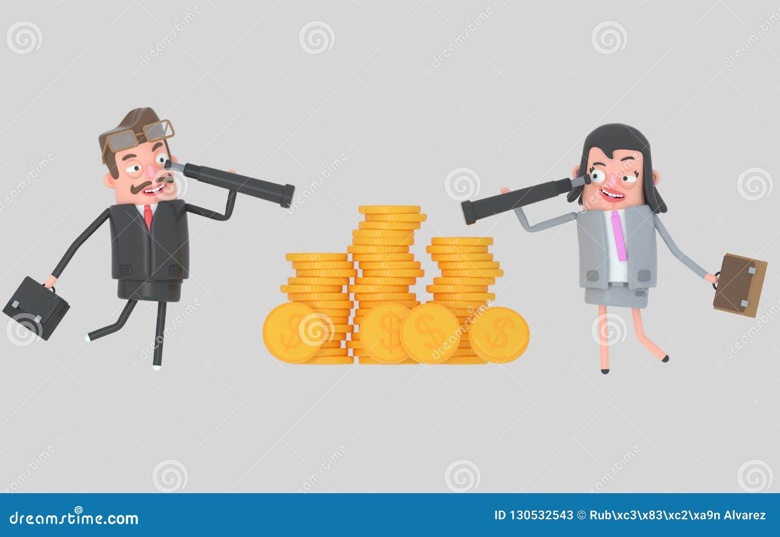 business couple watching forward in a spyglasses. 3d 