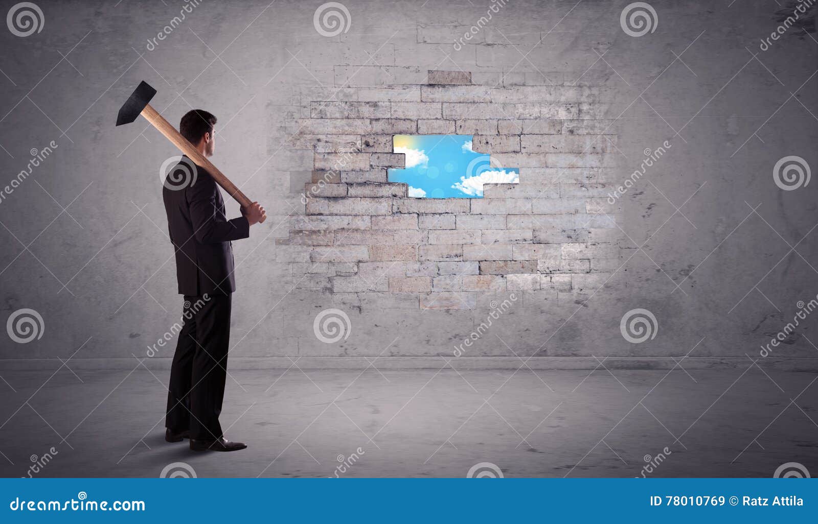 Business Man Hitting Brick Wall with Hammer Stock Image Image of breakthrough, destruction