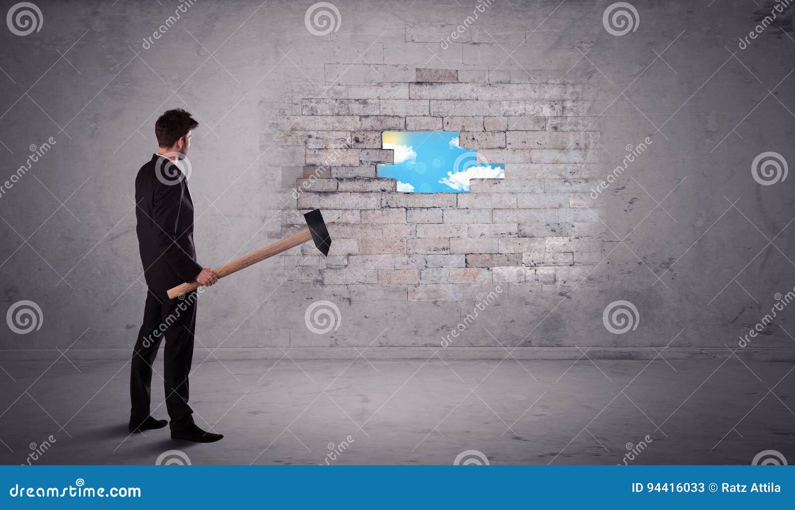 Business Man Hitting Brick Wall with Hammer Stock Image Image of brick, destruction 94416033