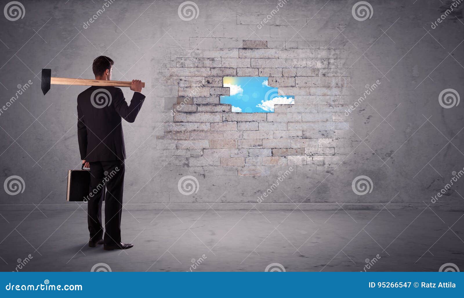 Business Man Hitting Brick Wall with Hammer Stock Image Image of