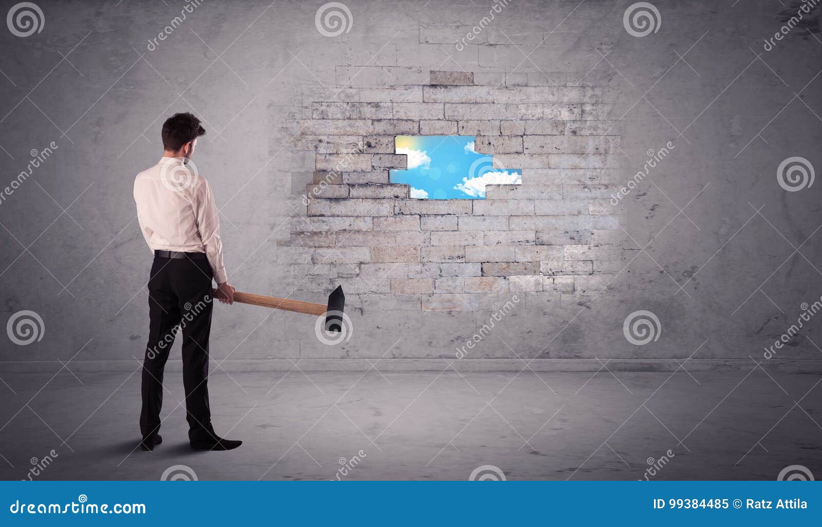 Business Man Hitting Brick Wall with Hammer Stock Image Image of