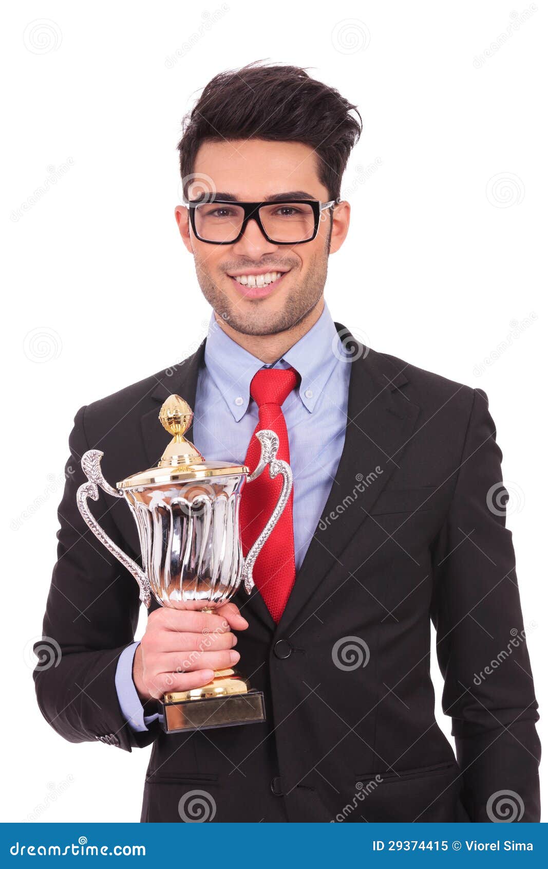 Business man holds trophy stock image. Image of modern - 29374415