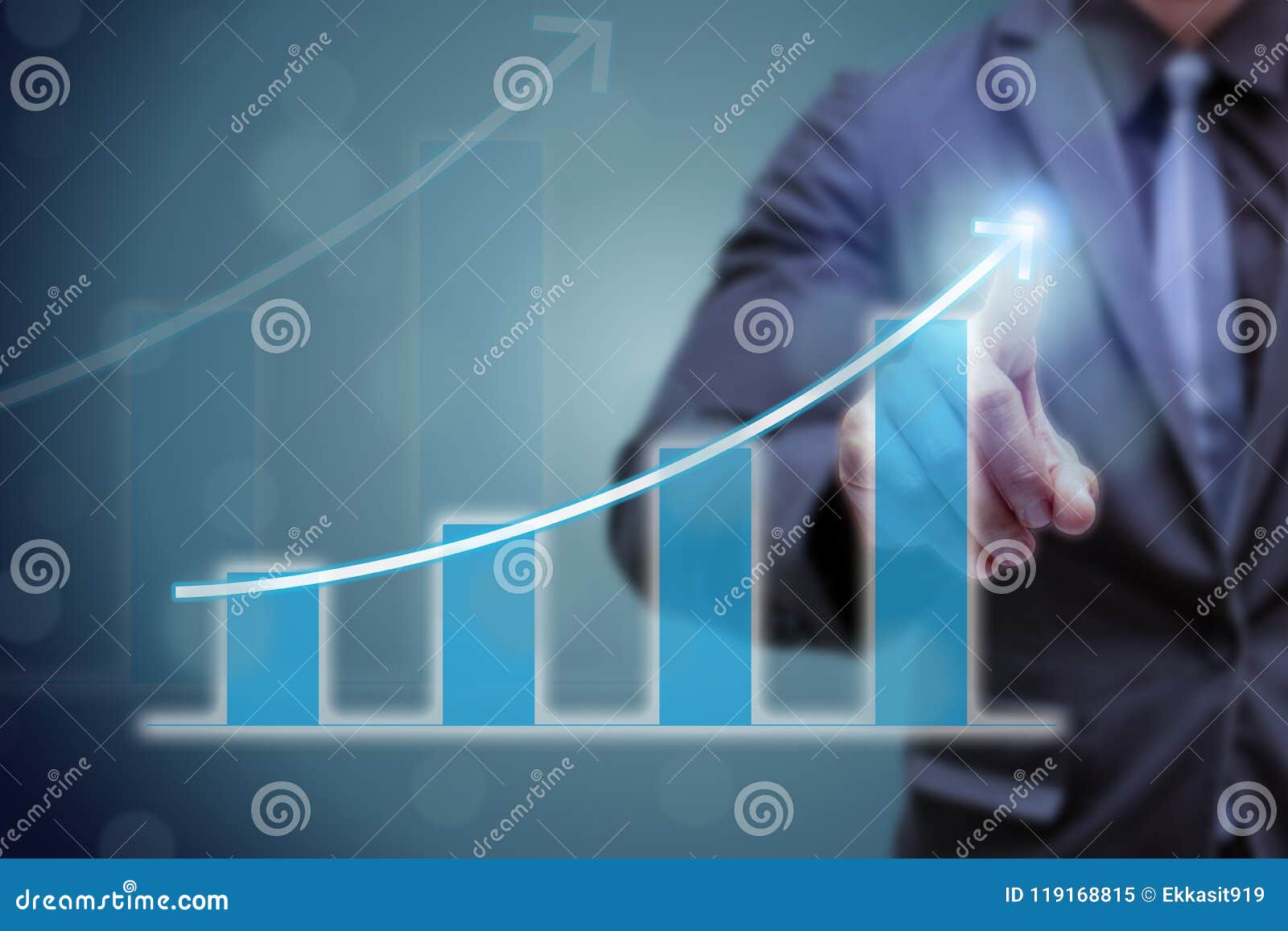 business man point hand on the top of arrow graph with high rate of growth. the success and growing growth graph in the company or