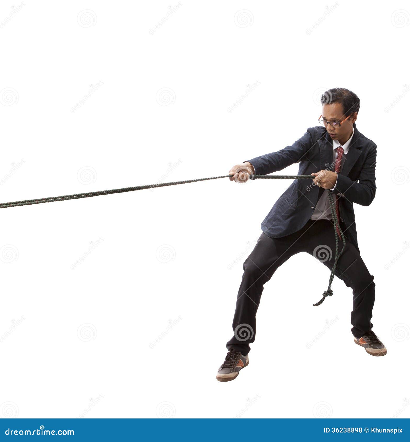 Business Man Pulling Nylon Rope Isolated White Background Stock