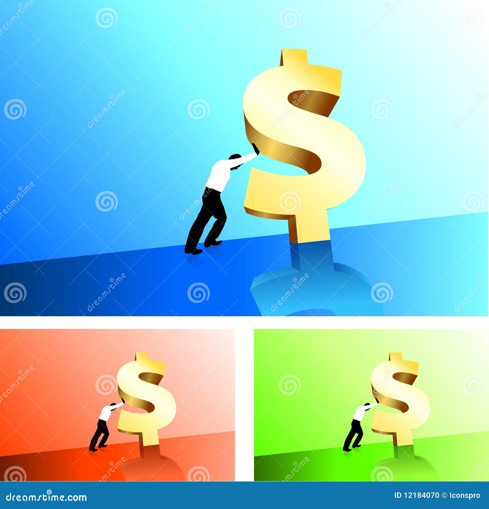 Business Man Pushing Dollar Sign Uphill Stock Vector Illustration of