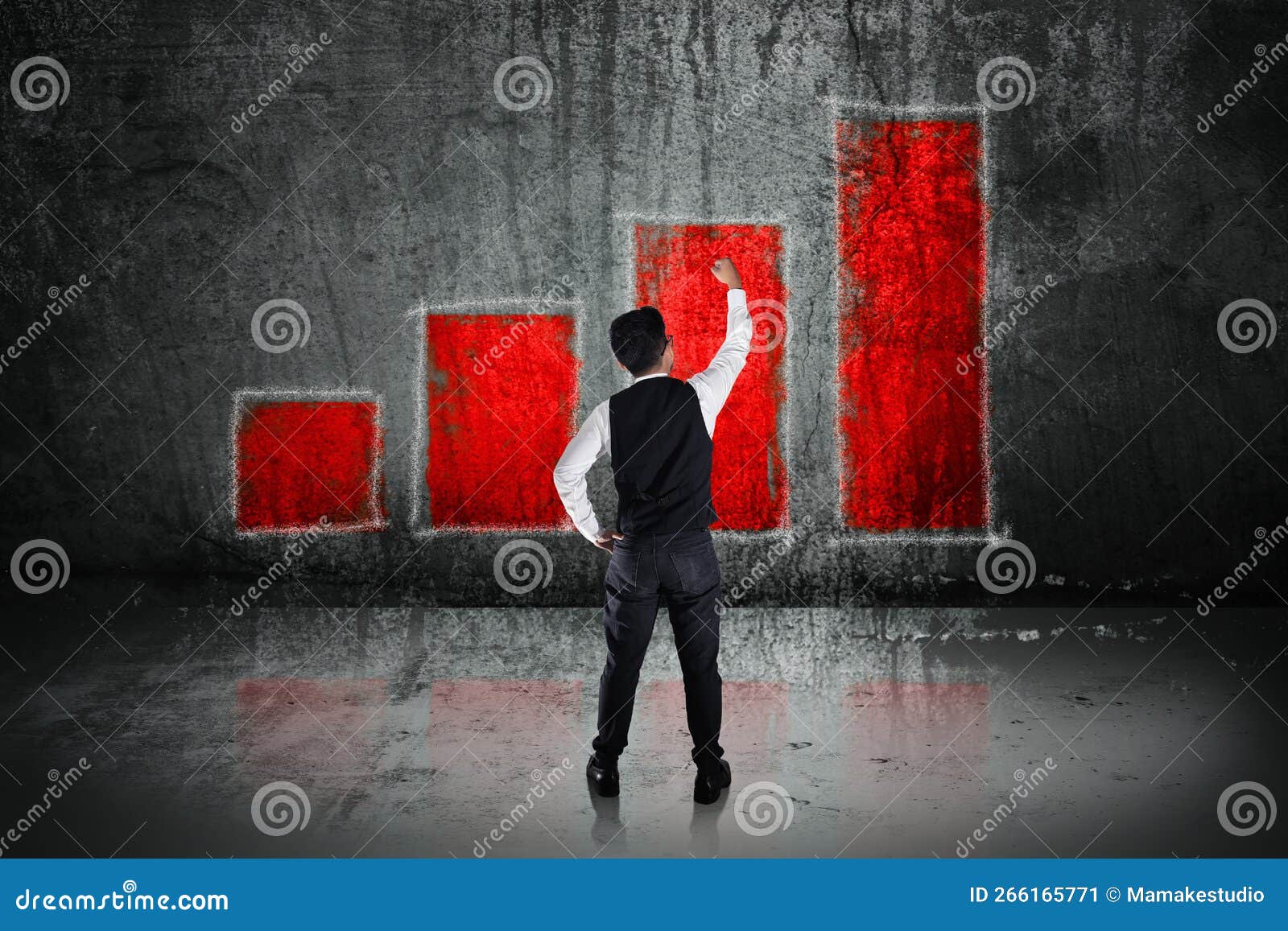 business man showing success profit red graph in concrete wall for business strategy plan