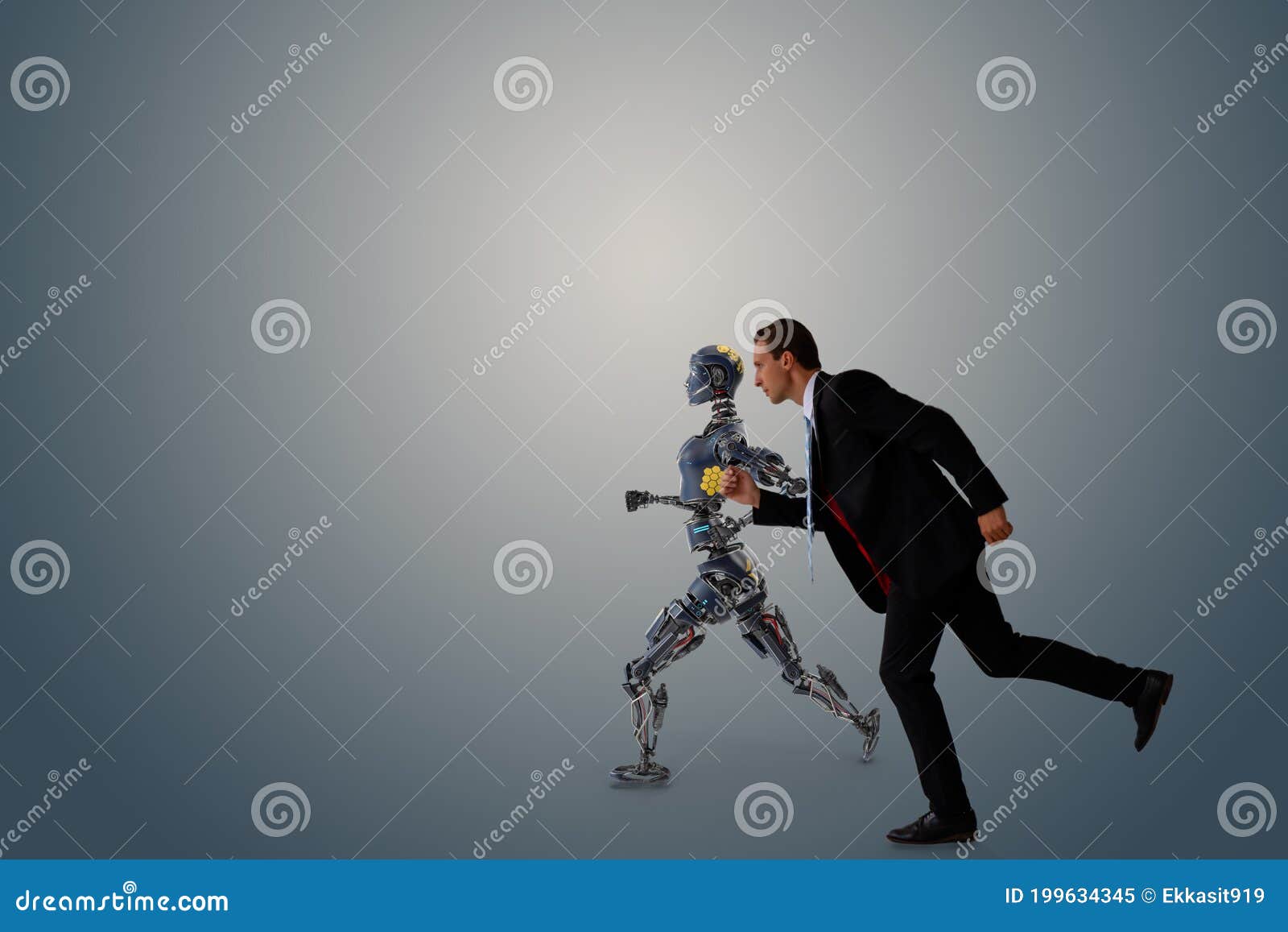 business man try to make a compete, race, battle, fight with robot or artificial intelligence for fight for work, chance, job, opp