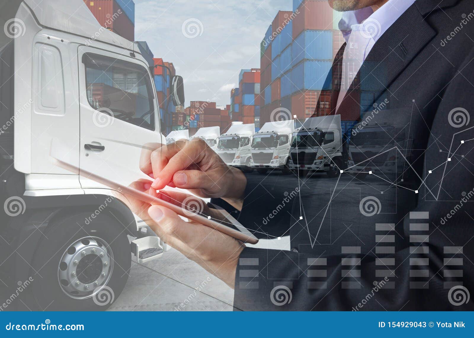 business man is using tablet to calculate financial with transport business logistics
