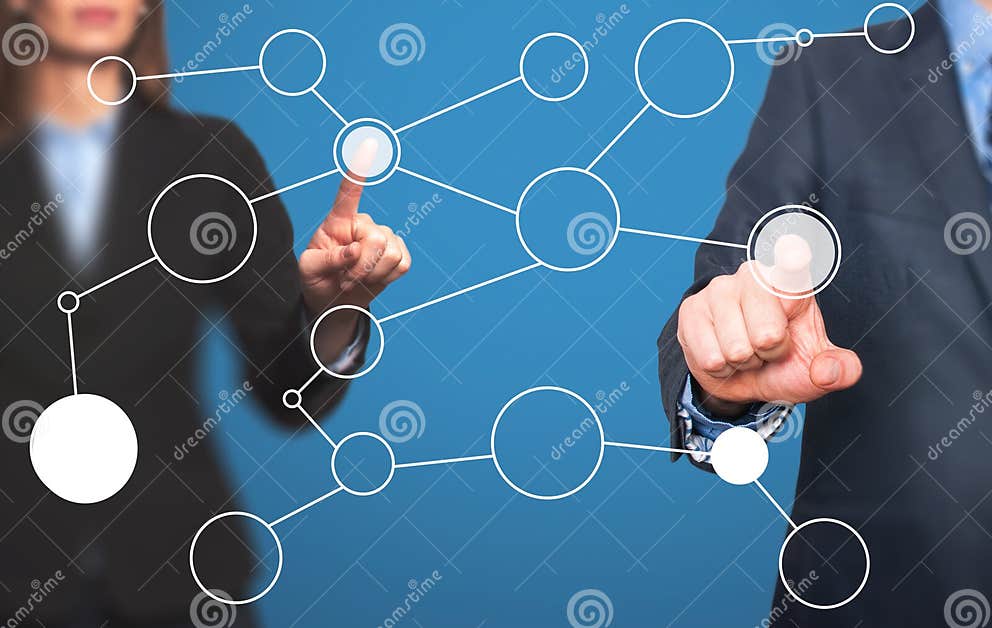 Business Man and Women Hand Drawing Blank Flow Chart on New Mode Stock ...