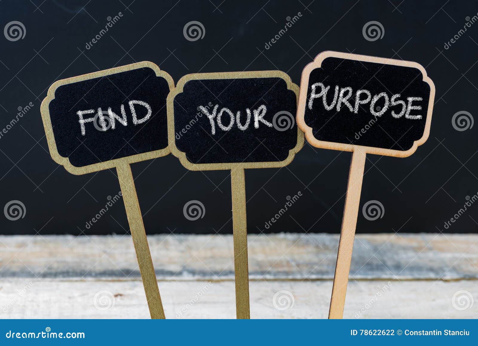 business message find your purpose written chalk wooden mini blackboard labels defocused chalkboard wood table 78622622