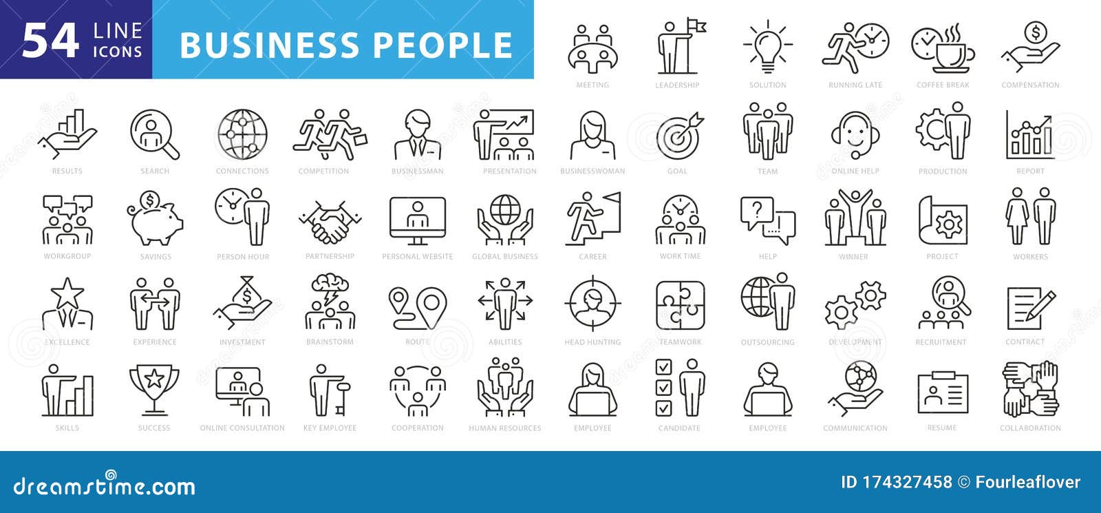business people, human resources, office management - thin line web icon set.