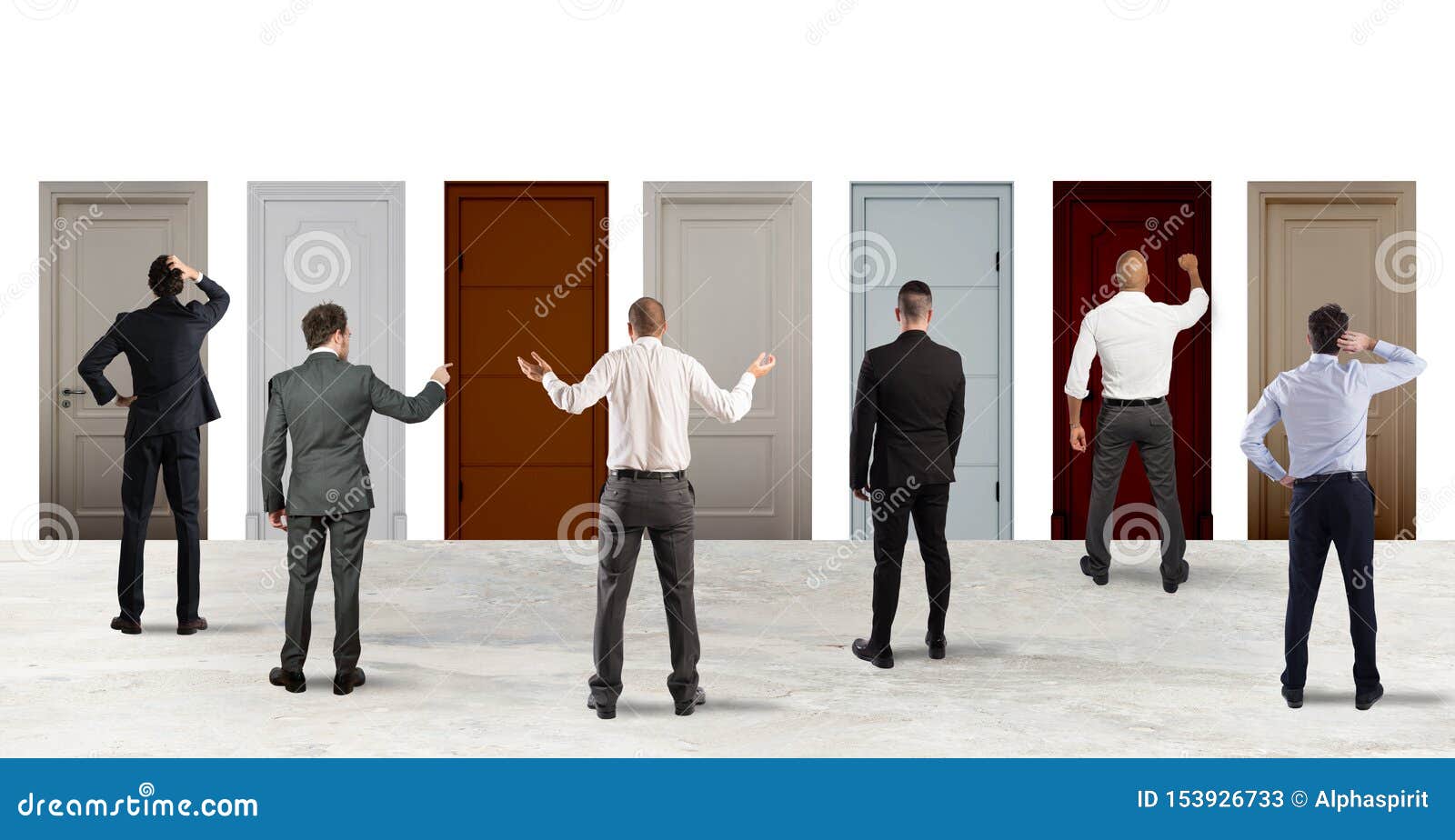 business people looking to select the right door. concept of confusion and competition