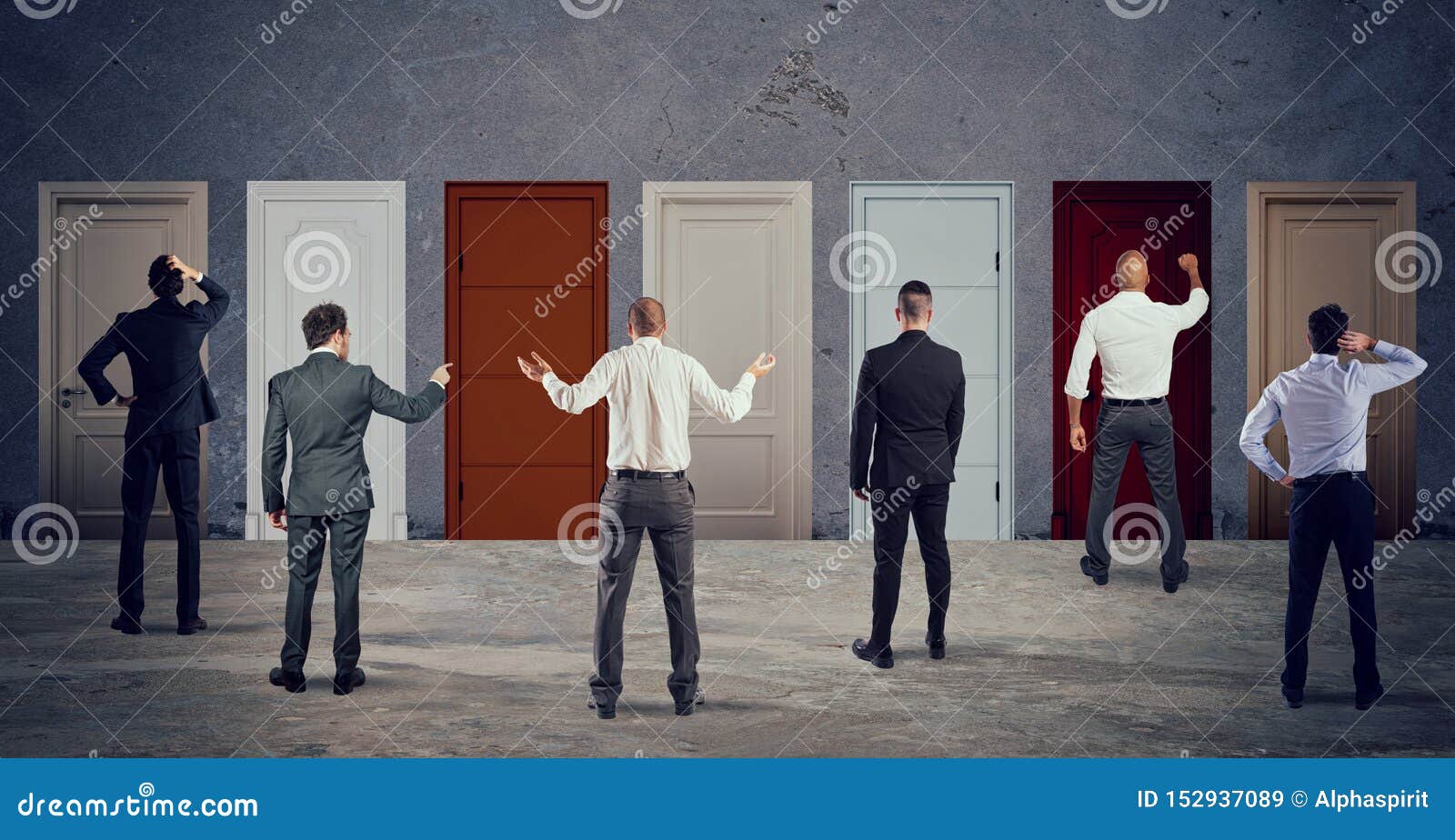 business people looking to select the right door. concept of confusion and competition