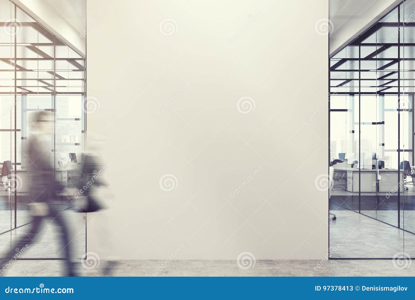 business people in office lobby, wall