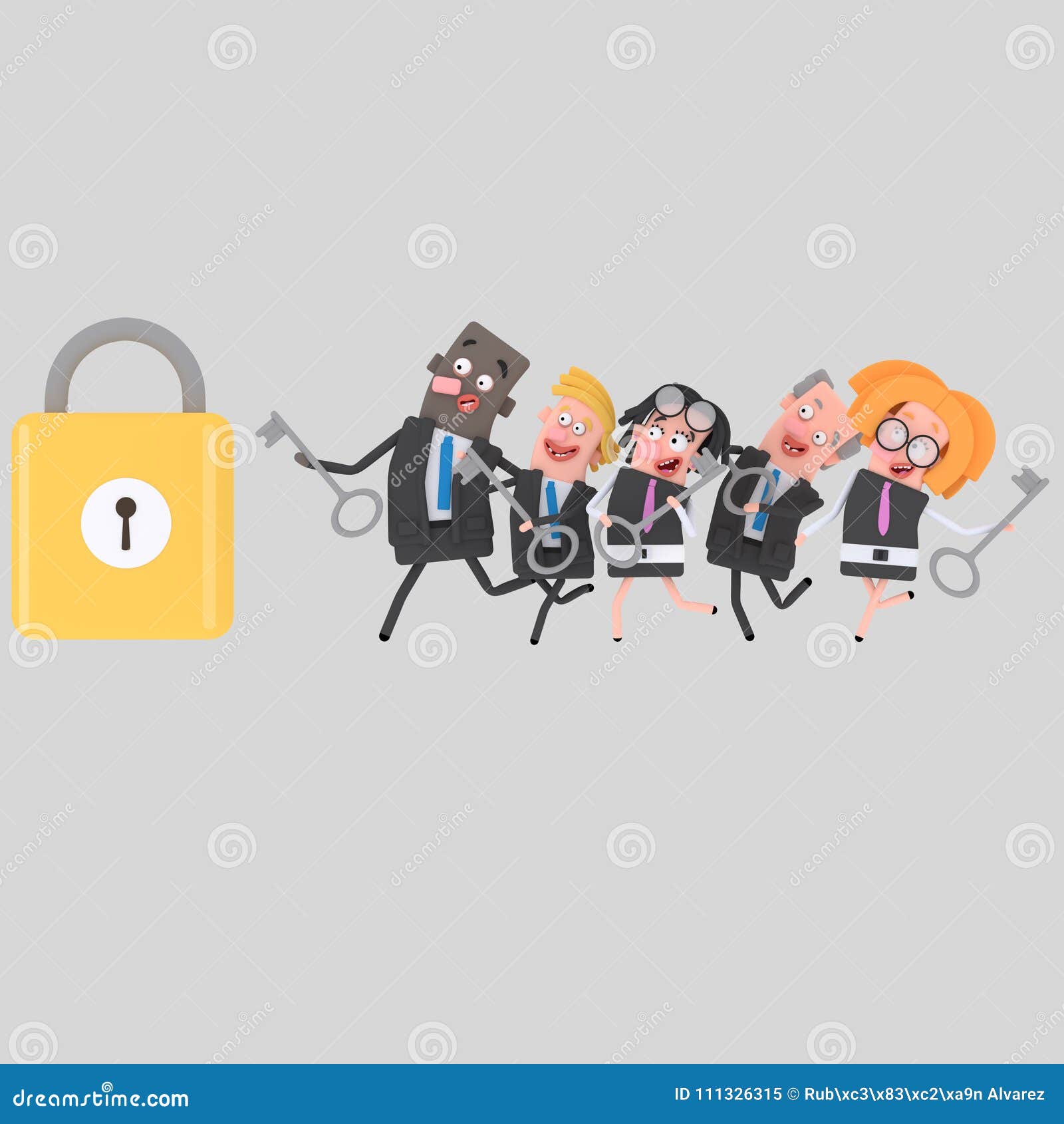 Business People Running To Opening a Padlock. 3D Stock Illustration