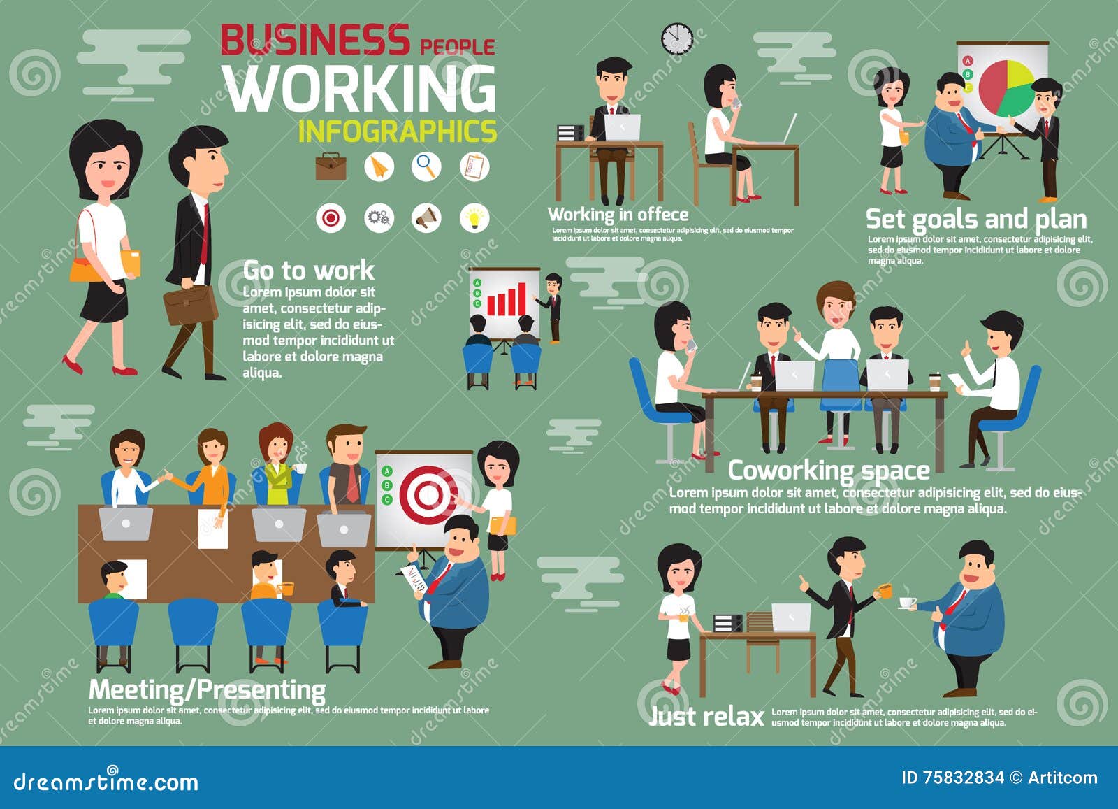 people infographic element with icons and 6 step or option. people icons  such as working at the office, ceo man, helping other to jump, chemist  working, teacher and students, partners claping hands