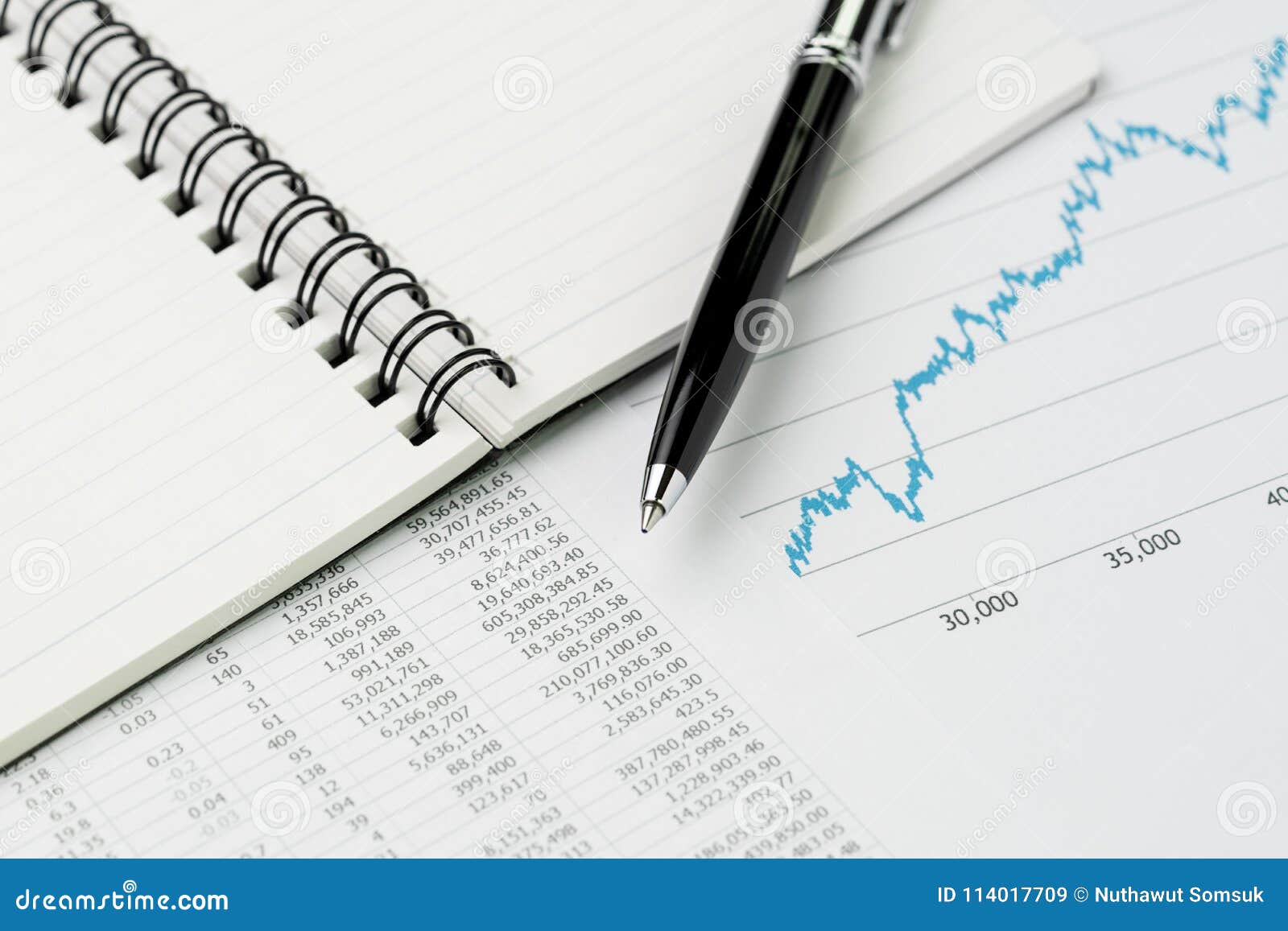 business perfomance review, budget, economics or investment concept, pen on note book with graph and chart, price numbers report