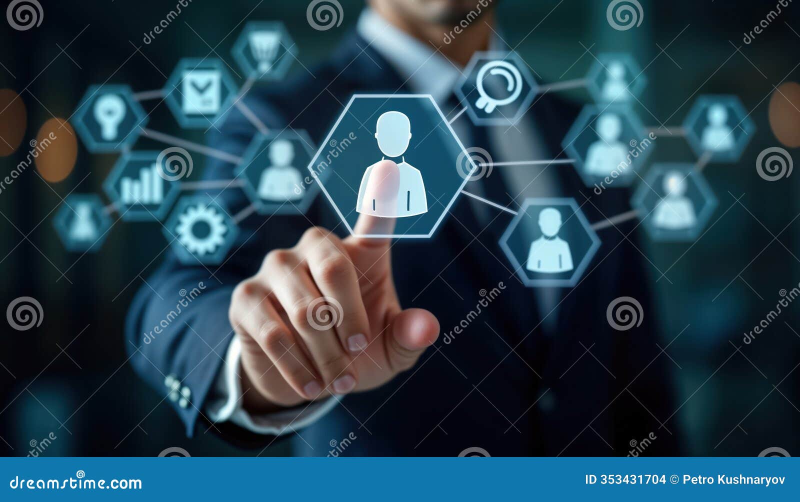 business person selecting target customer on digital screen. businessman interacts with digital interface customer personas.