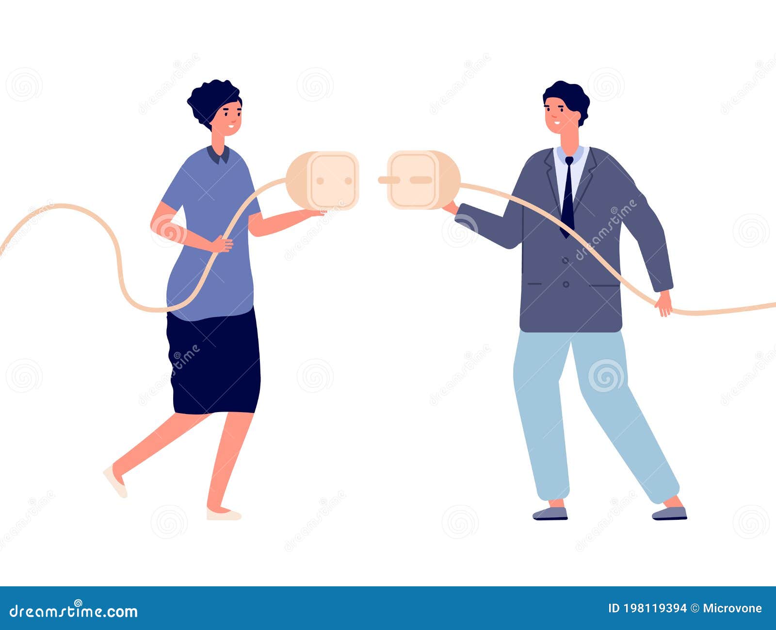 business power connection. electricity powering, woman cooperation with man. cable plug connect, intersexual partnership