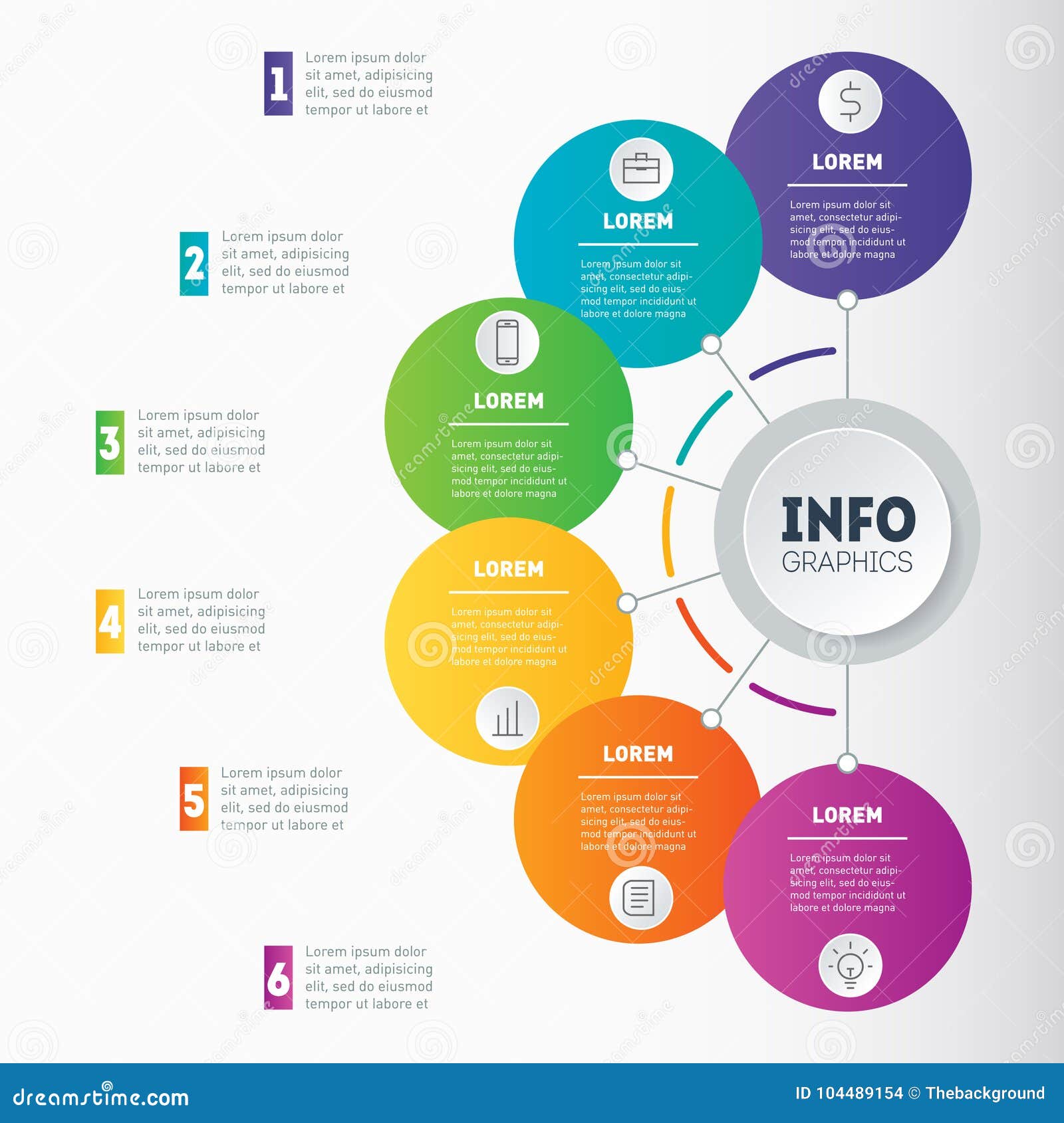 business presentation or infographic examples with 6 options.  dynamic infographics or mind map of technology or education
