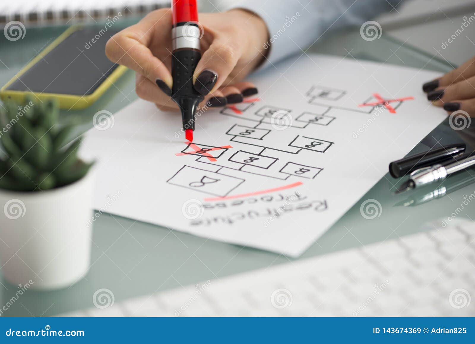 business restructure process concept with business woman analysing company diagram