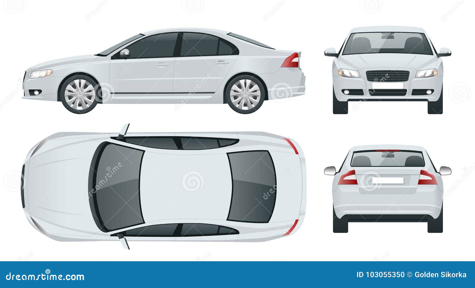 business sedan vehicle. car template    view front, rear, side, top. change the color in one