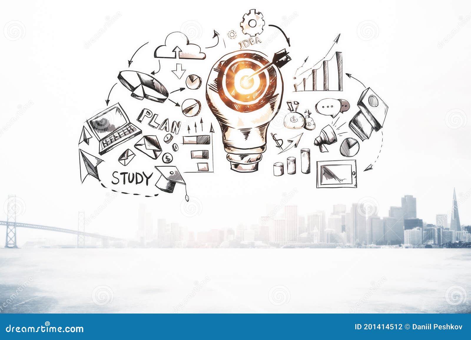 business sketch with chart and target lamp