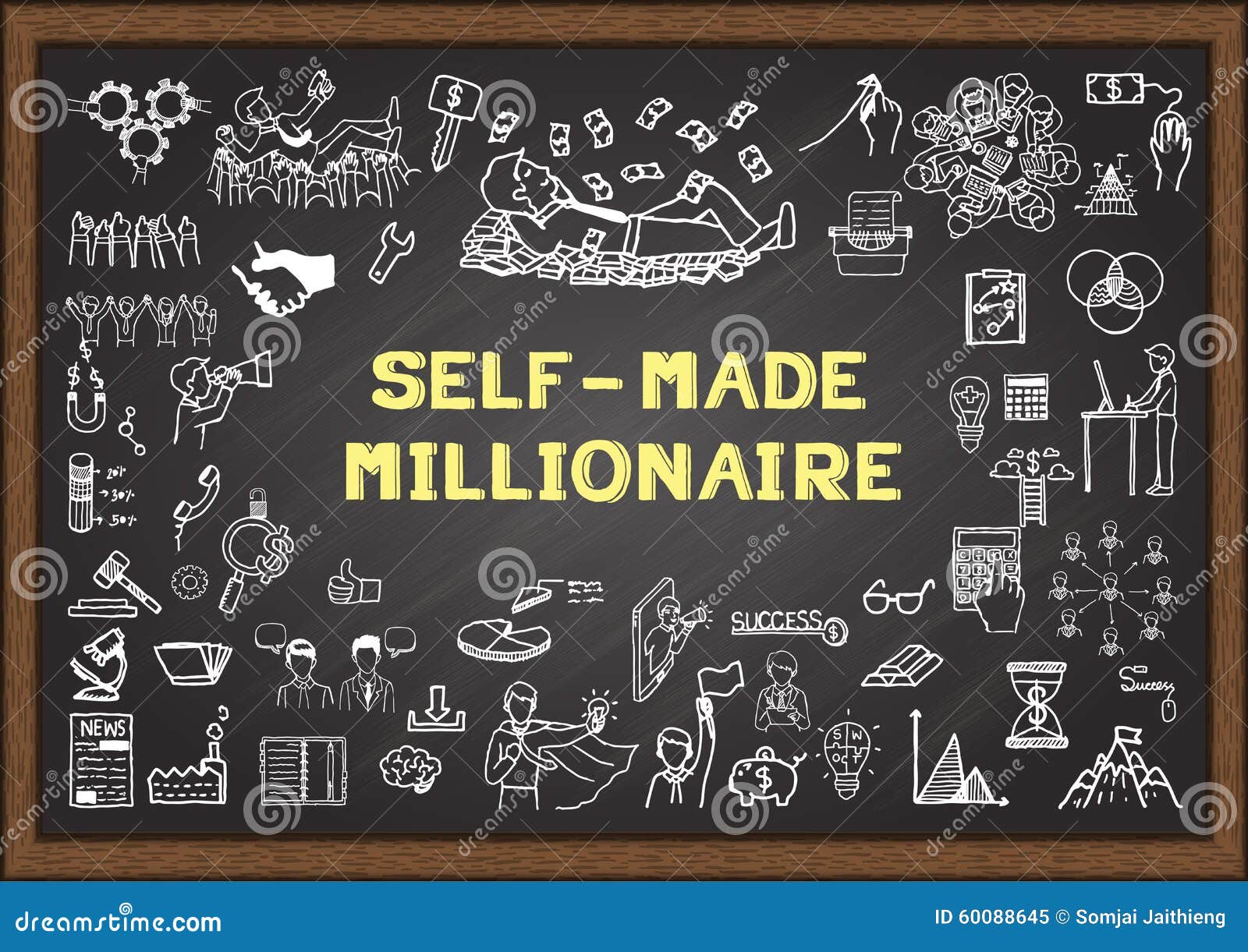 business sketch about self made millionaire on chalkboard