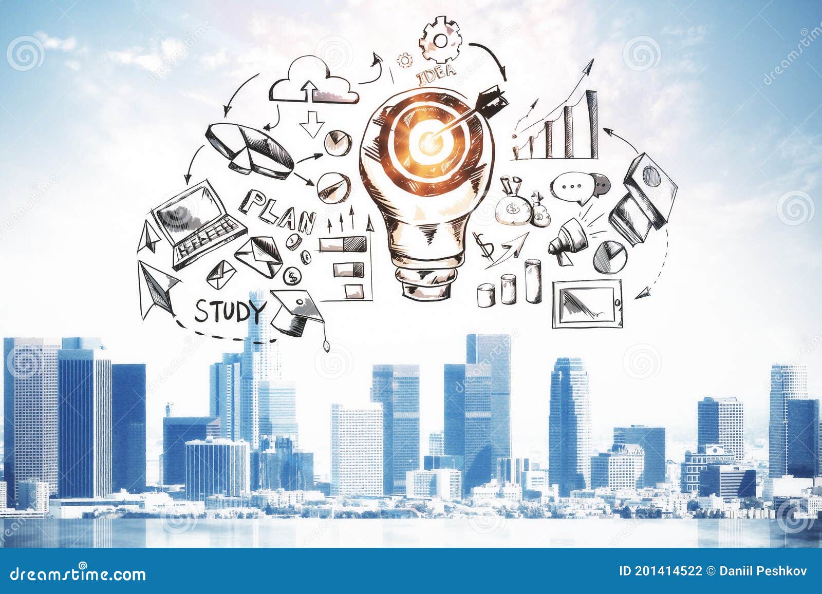 business sketch with target light bulb