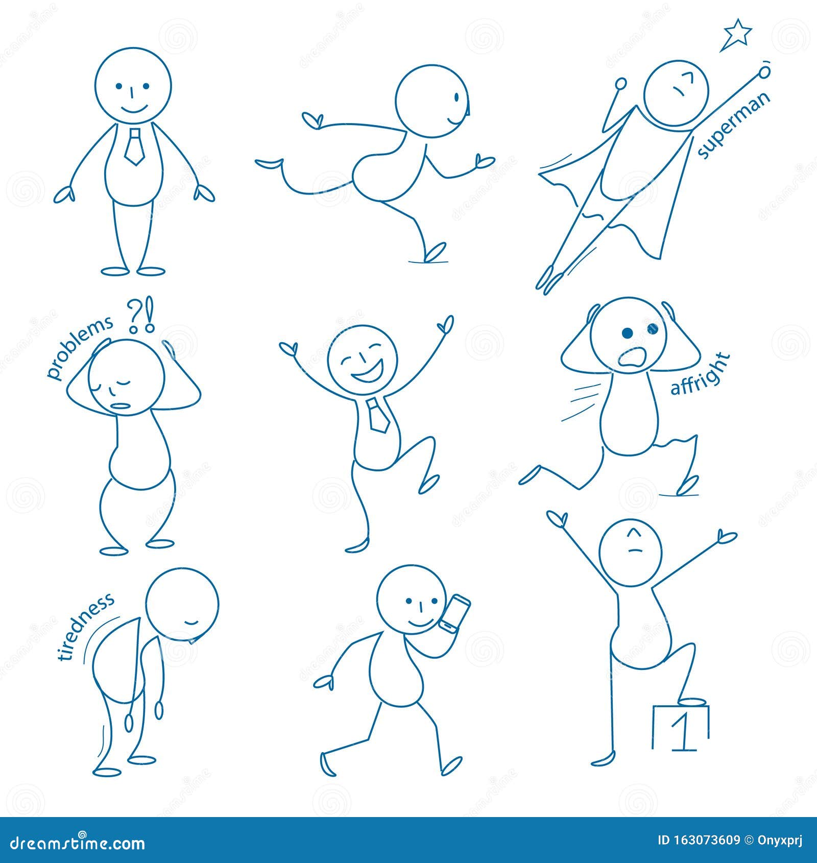 Cartoon Hand Drawn Stick Man In Different Poses Vector Set Stock