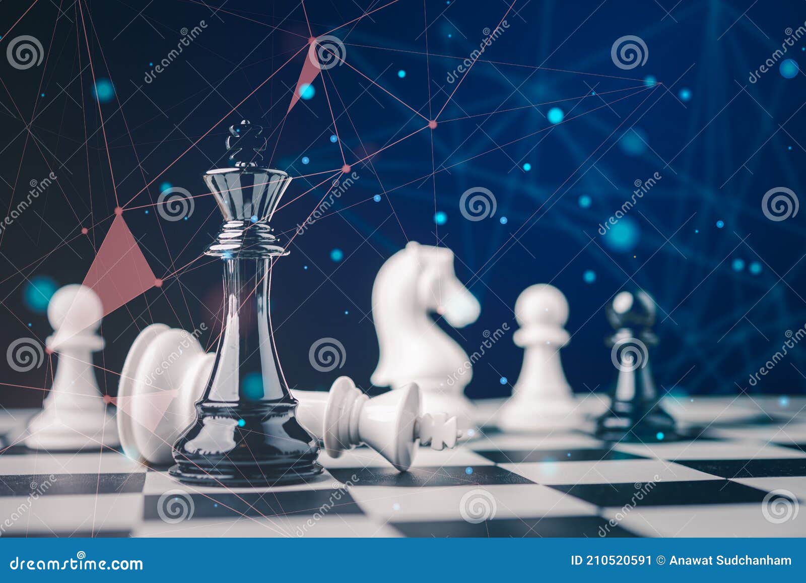 Investment Leadership Concept : The king chess piece with chess others  nearby go down from floating board game concept of business ideas and  competition and strategy plan success meaning. Stock Photo